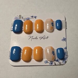 Press On Blue and Orange floral Nail Art Set 24pcs.